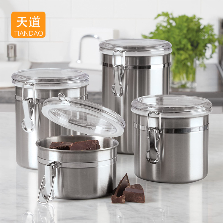 Stainless steel sealed jar for coffee beans, tea, grains, spices, dried fruits and candies, moisture-proof snap-on preservation storage jar full figure