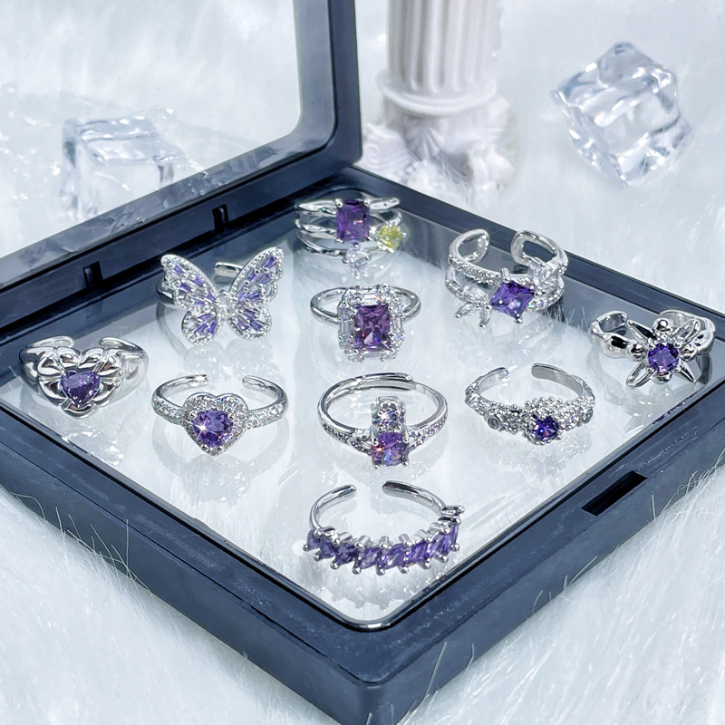 A light luxury purple diamond zircon open ring with a versatile and elegant style. It features a niche design for women, an ins unique and fashionable sweet and cool ring details Picture