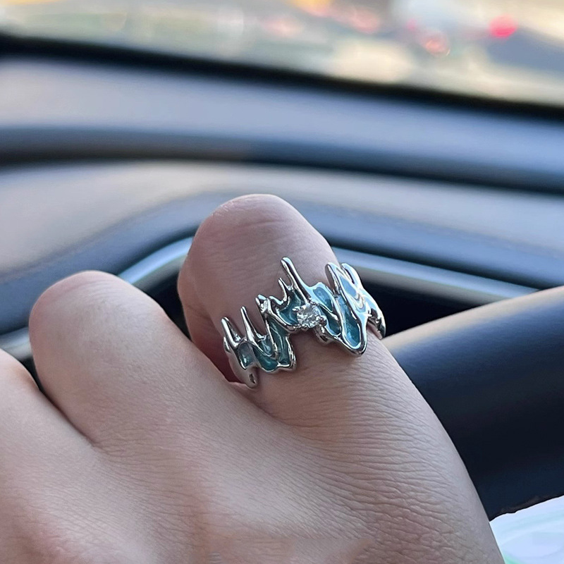 Irregularly shaped blue drip glaze open ring for women, a niche design with a high-end and trendy open ring for both men and women details Picture