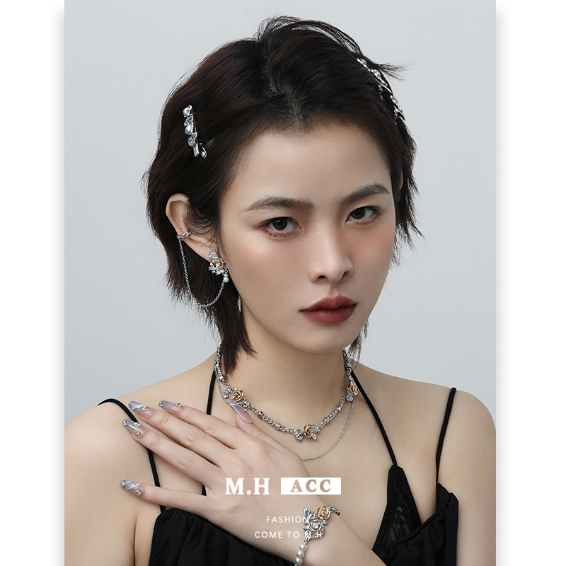 Original ancient gold rose earrings in the style of European and American ins, with a niche and high-end feel, exquisite ear clips, light luxury and versatile earrings wholesale Specification drawing