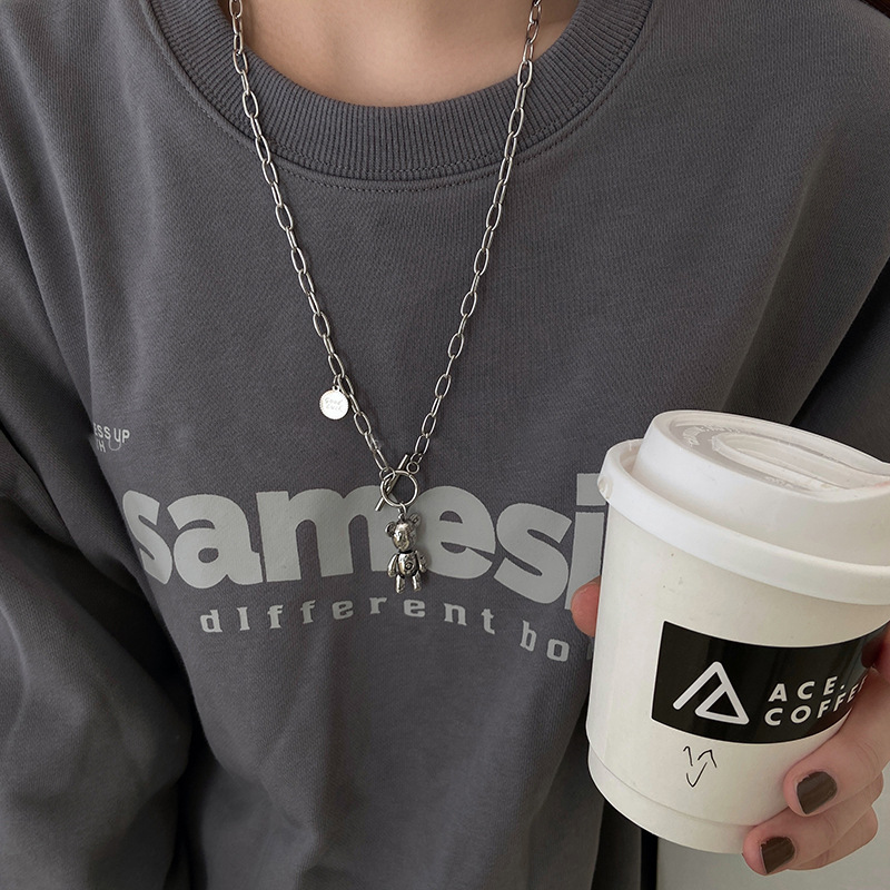 Sweet and cool bear double-layer silver long sweater chain, women's light luxury and niche design sense, high street trend men's necklace Application Scenario
