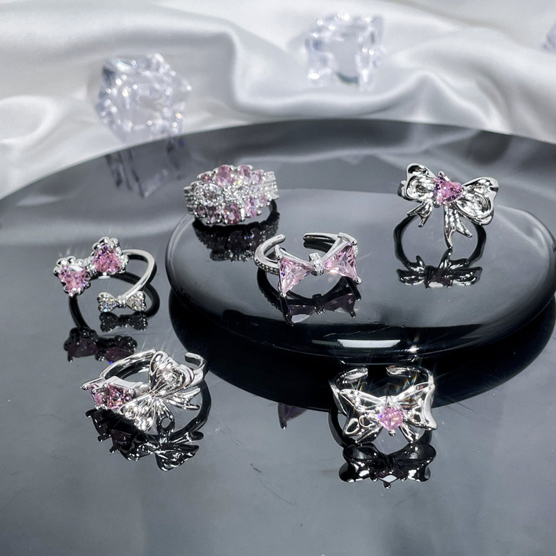 Sweet and cool style, bow, pink diamond, zircon open ring, women's Instagram cold style, niche design, high-end feel ring details Picture