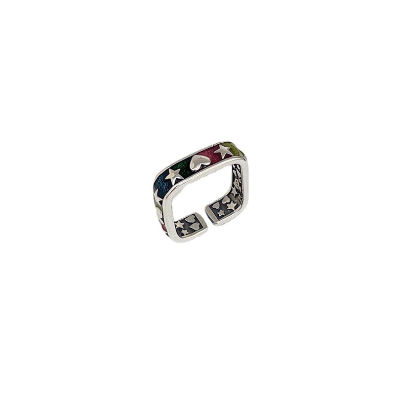 This retro colored glazed star-shaped heart-shaped opening ring is a niche design for women, exuding a sense of light luxury and sophistication. It is a trendy and cool personalized ring Item Picture
