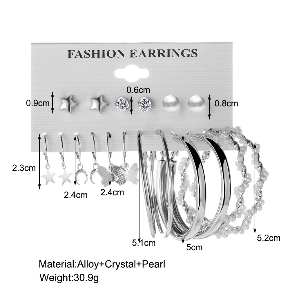 Wholesale of new cross-border silver butterfly pearl earrings, creative and simple five-pointed star moon earrings set of 9 pairs details Picture