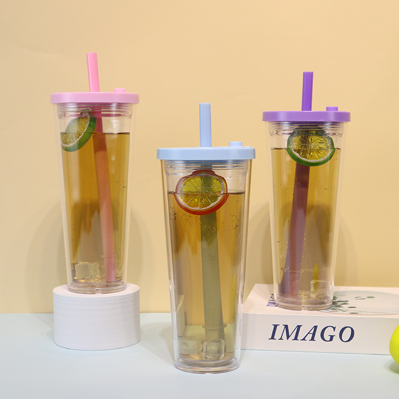 Cross-border best-selling double-layer plastic straw water cup, coffee cup, new portable heat-insulating cold drink cup, milk tea cup Specification drawing