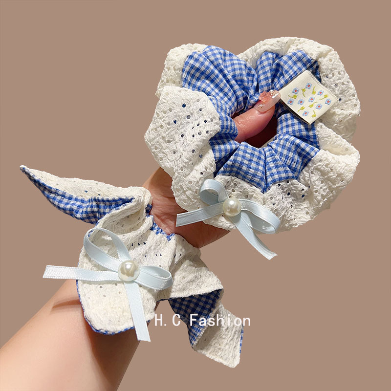 Korean-style blue checkered square scarf, large intestine hair band, women's high-end look, hair tie, bun hairstyle, low ponytail hair tie, hair accessory full figure