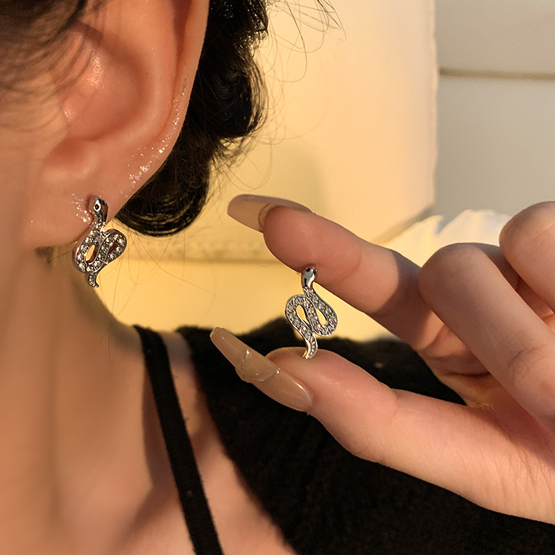 925 Silver needle snake-shaped stud earrings for women in an ins style, light luxury, unique, niche and high-end feel, versatile zircon earrings and earrings wholesale details Picture