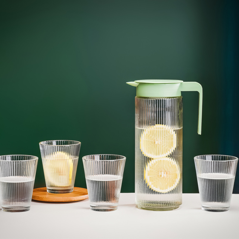 Color box vertical striped household glass cold water kettle set, 5-piece water set, cold water kettle, household juice kettle, opening gift details Picture