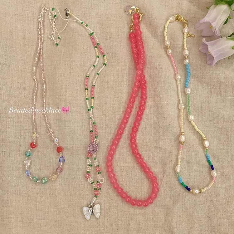 Pink glass bead necklace for women, 2024 new style, colorful bead, niche design, simple necklace accessory wholesale full figure