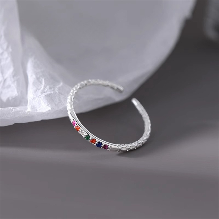 Rainbow fine sparkling diamond ring for women, 925 silver, niche design, light luxury index finger ring, simple ring, versatile open ring tail ring details Picture