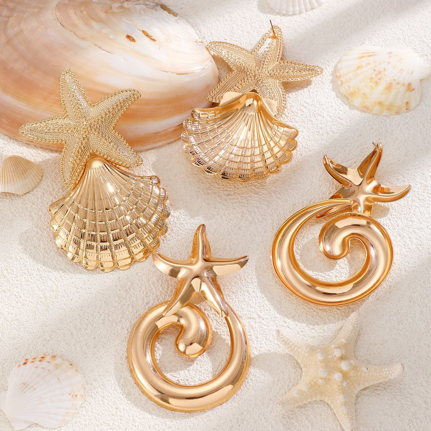Exaggerated starfish and conch texture stud earrings from Europe and America, Bohemian ocean beach vacation style earrings for women Specification drawing