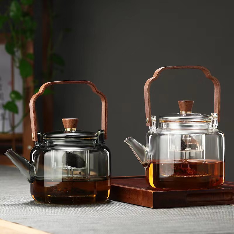 High borosilicate glass teapot, walnut wood, smoky grey handle teapot, double-pot teapot for brewing tea around the stove details Picture