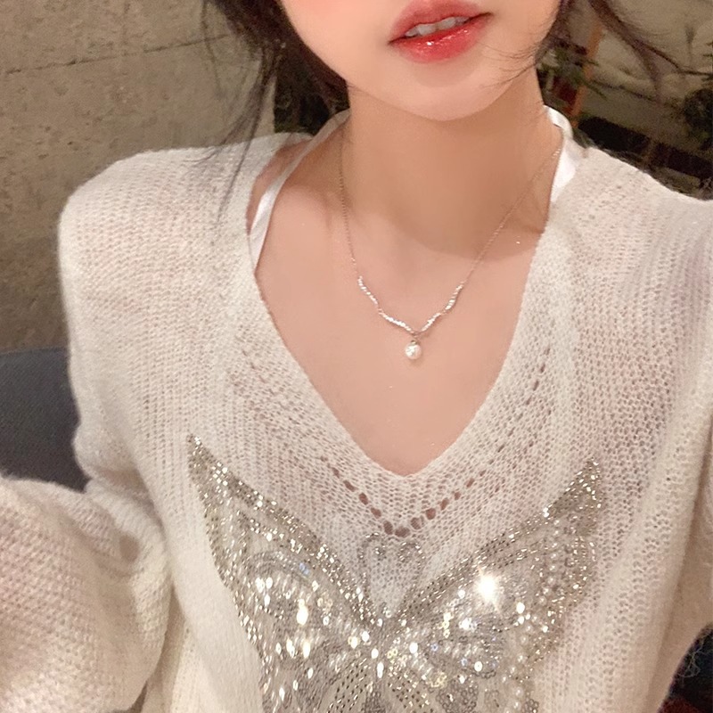 Light luxury slightly inlaid pearl collarbone chain, niche feel, individual and versatile, elegant and fashionable women's sweater chain neck chain Specification drawing