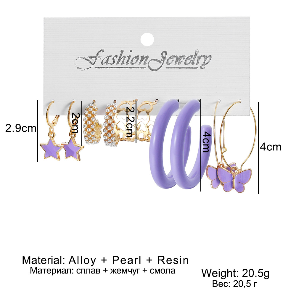 A new 5-piece purple butterfly earring set for European and American foreign trade, featuring retro charm and pearl earrings with a high-end feel details Picture