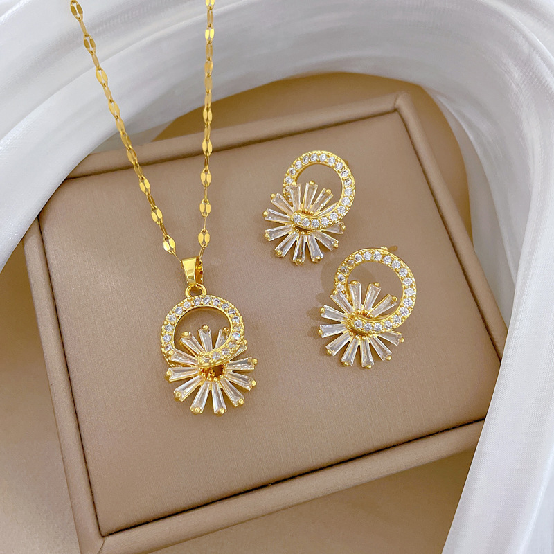 【 Titanium Steel 】 Flower Micro-inlaid Necklace and earrings set, light luxury micro-inlaid personalized and elegant banquet earrings and Necklaces combination full figure