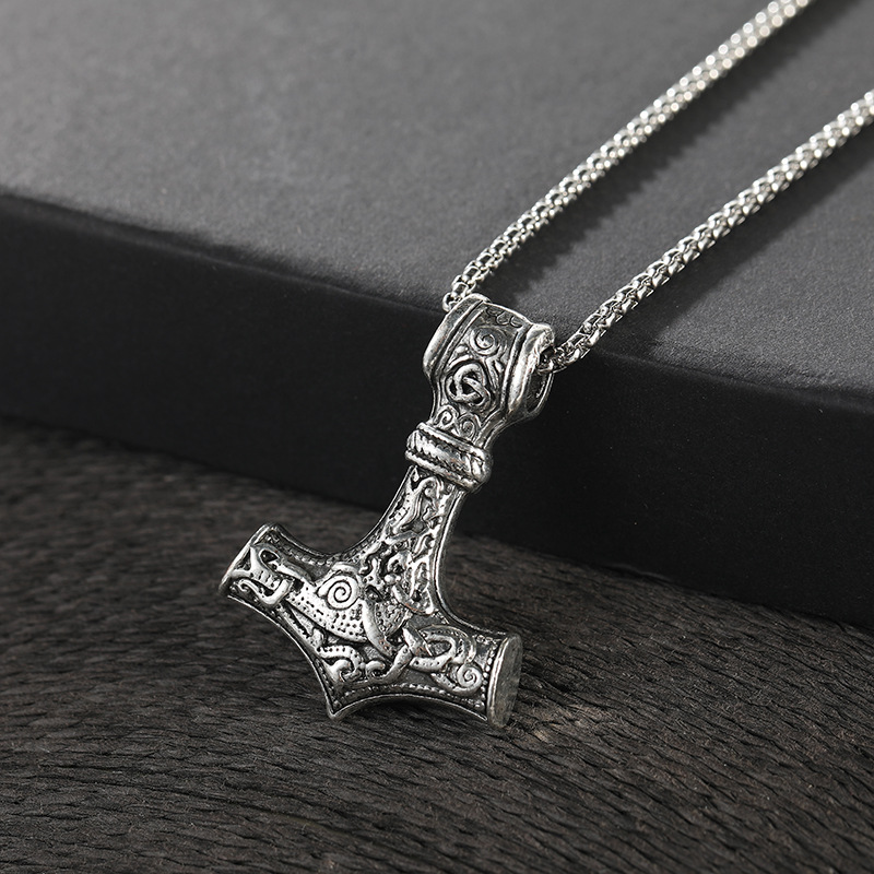 Wholesale of 2024 Amazon Nordic Retro Viking Mythology Thor Warhammer pendant fashion Men's Gothic style necklace details Picture