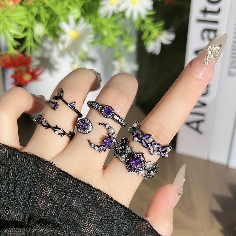 European and American style dark purple diamond high-end open ring, punk fashion, star moon butterfly geometric light luxury ring Specification drawing