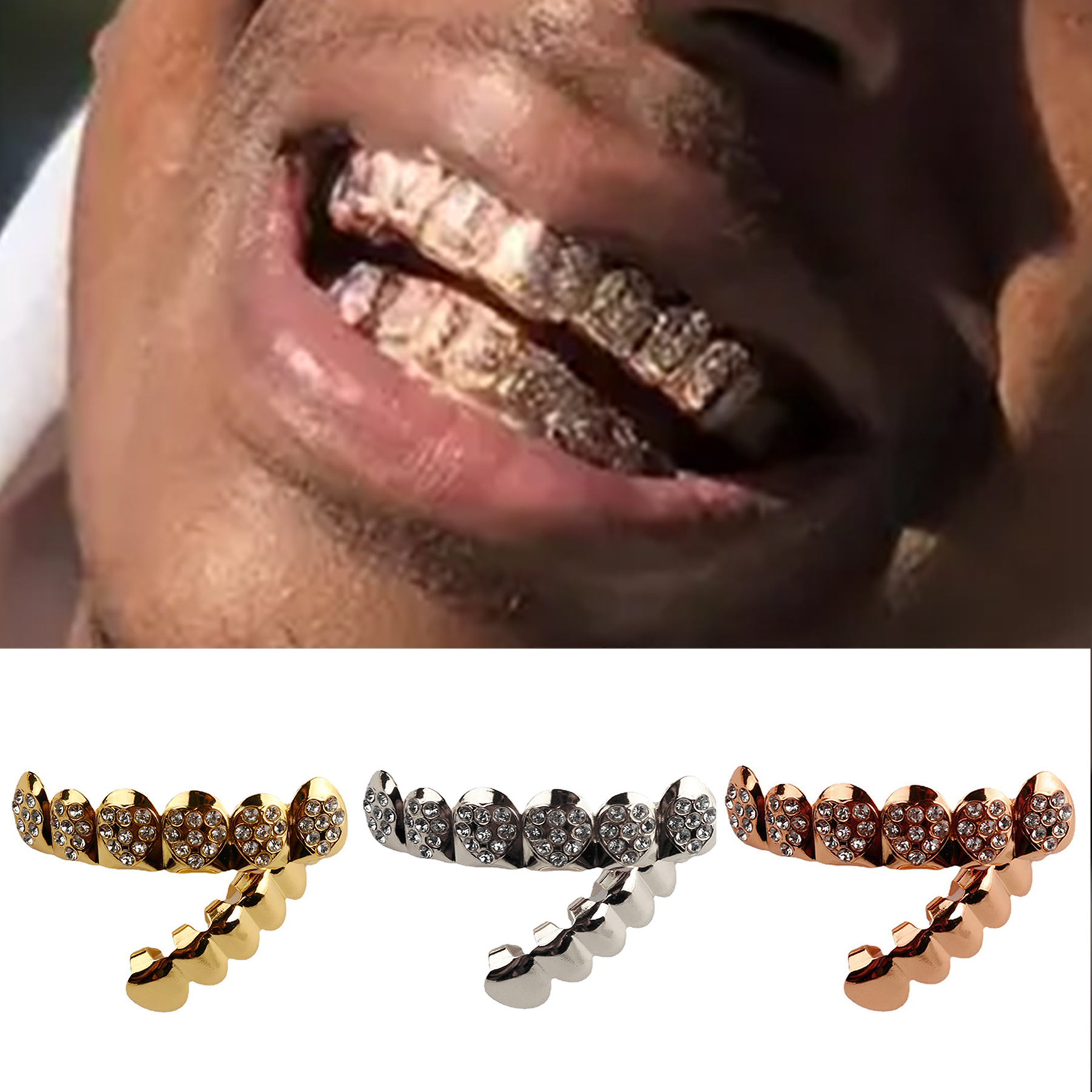 Hot-selling Hippop braces, personalized and fashionable diamond-encrusted heart-shaped zircon gold-plated braces, Halloween trendy accessories full figure