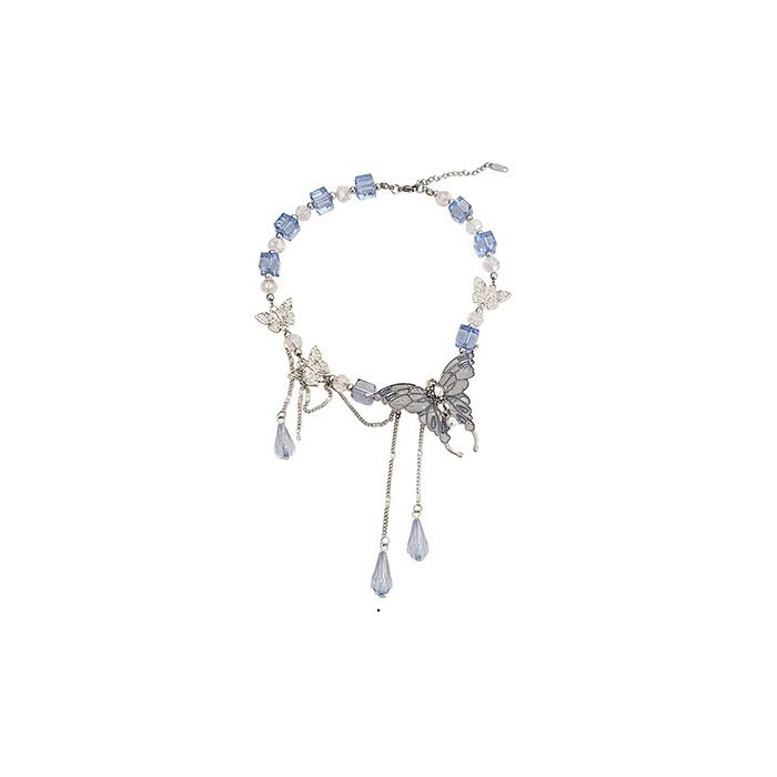 Heavy industry blue crystal tassel butterfly necklace, women's niche design sense collarbone chain beaded choker necklace accessory Item Picture