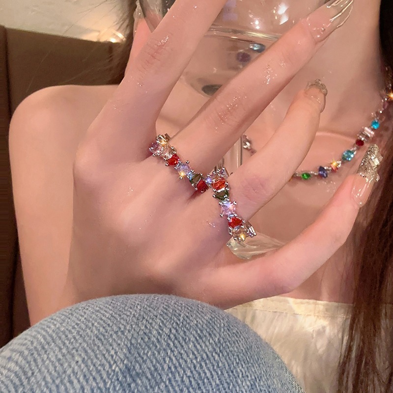 Summer color exquisite colored zircon open ring for women, light luxury, trendy and niche design, adjustable index finger ring Application Scenario