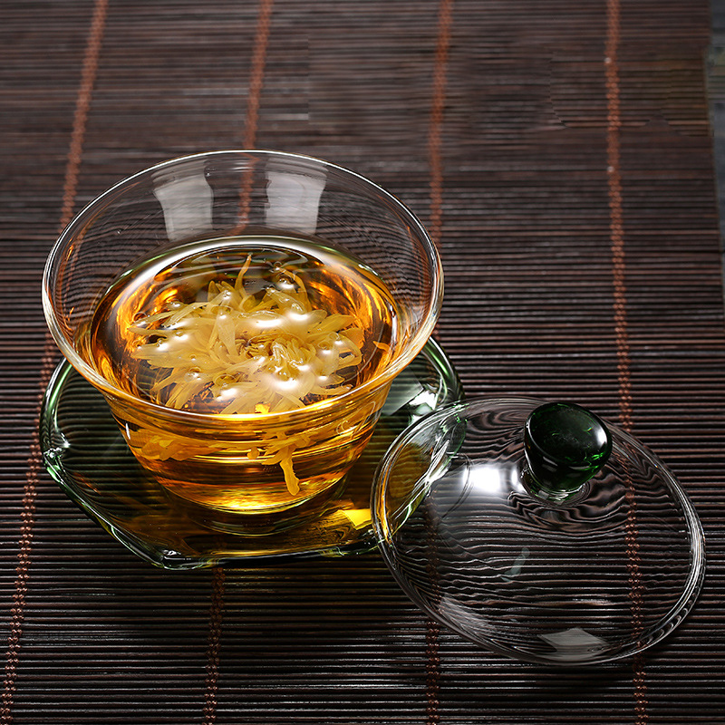 High borosilicate glass covered bowl, three-sided bowl, tea cup, large tea brewing bowl, high-temperature resistant thickened Gongfu tea set, tea bowl wholesale Specification drawing