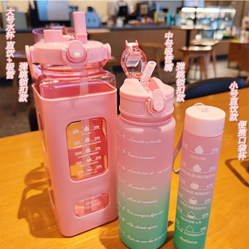 Wholesale large-capacity gradient color plastic cup three-piece set, portable outdoor sports water bottle set, square water cup details Picture