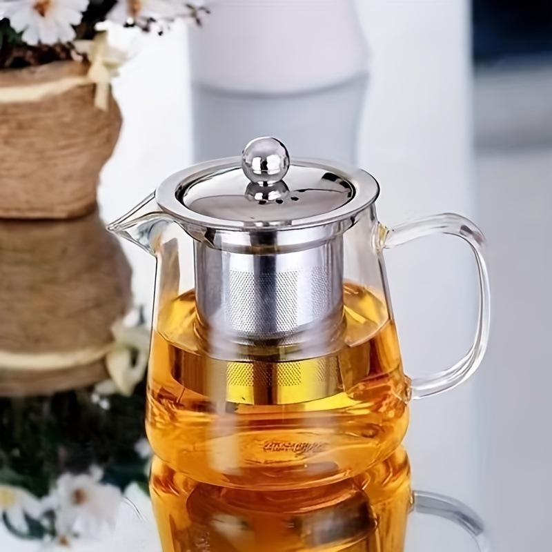 Round stainless steel filtering teapot, high borosilicate filtering glass brewing teapot, heat-resistant Gongfu tea sets for office supply Specification drawing