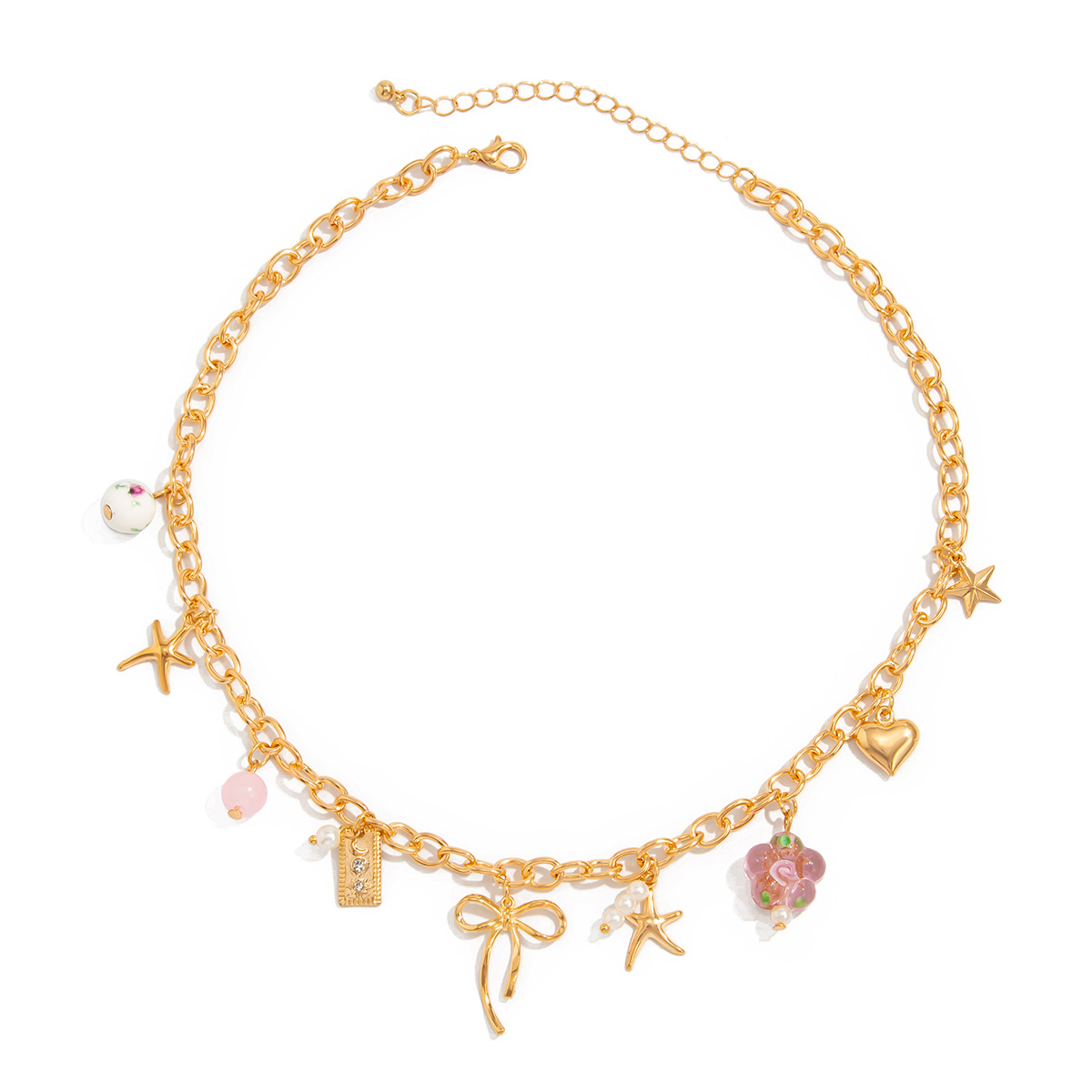 European and American cross-border jewelry, fashionable and creative, colorful ceramic bead necklace, sweet heart-shaped bow pendant and jewelry Item Picture