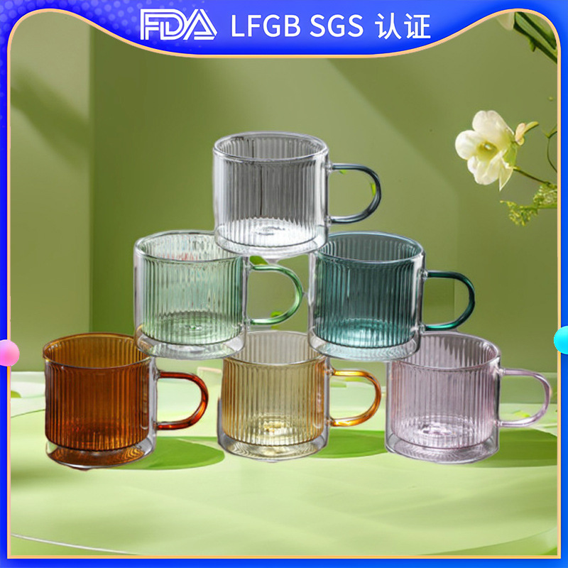 Colorful women's high borosilicate glass double-layered cup, home with handle, simple living room with handle, heat-resistant coffee cup full figure