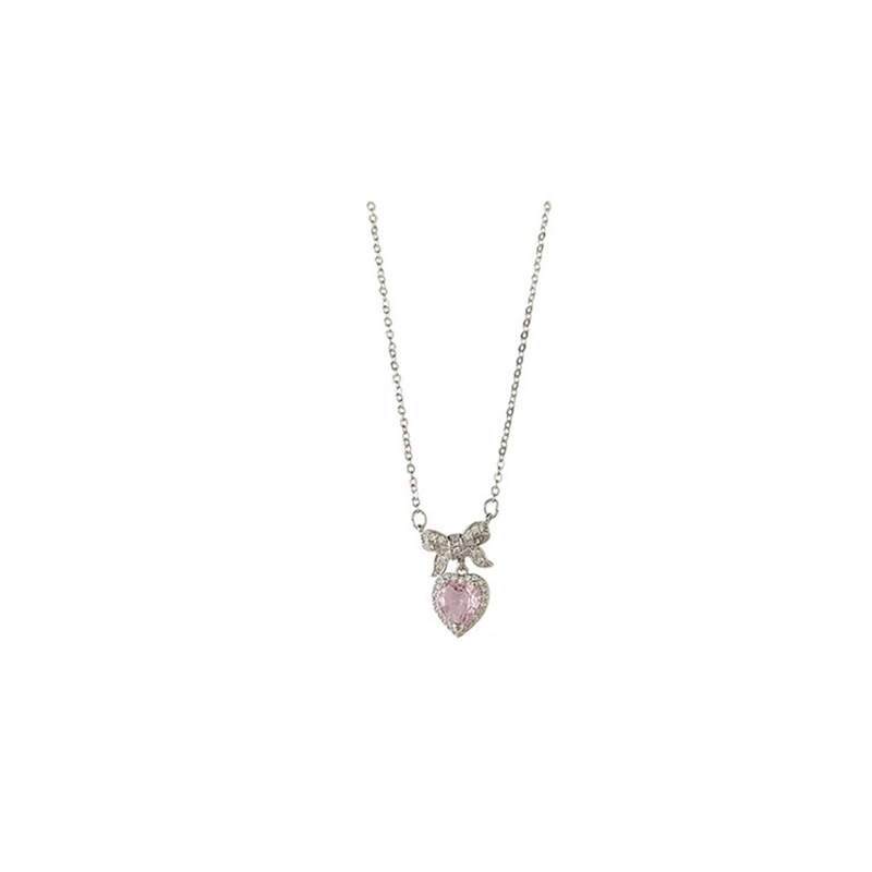 Bow heart-shaped zircon necklace, a light luxury and niche necklace for women with a design sense. 2023 new style collarbone chain Item Picture