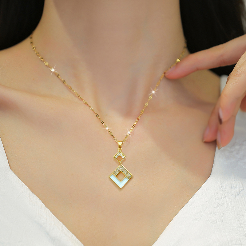 【 Titanium Steel 】 Micro-inlaid necklace and earring set, light luxury square oil drip, personalized and elegant banquet earrings and necklaces combination details Picture