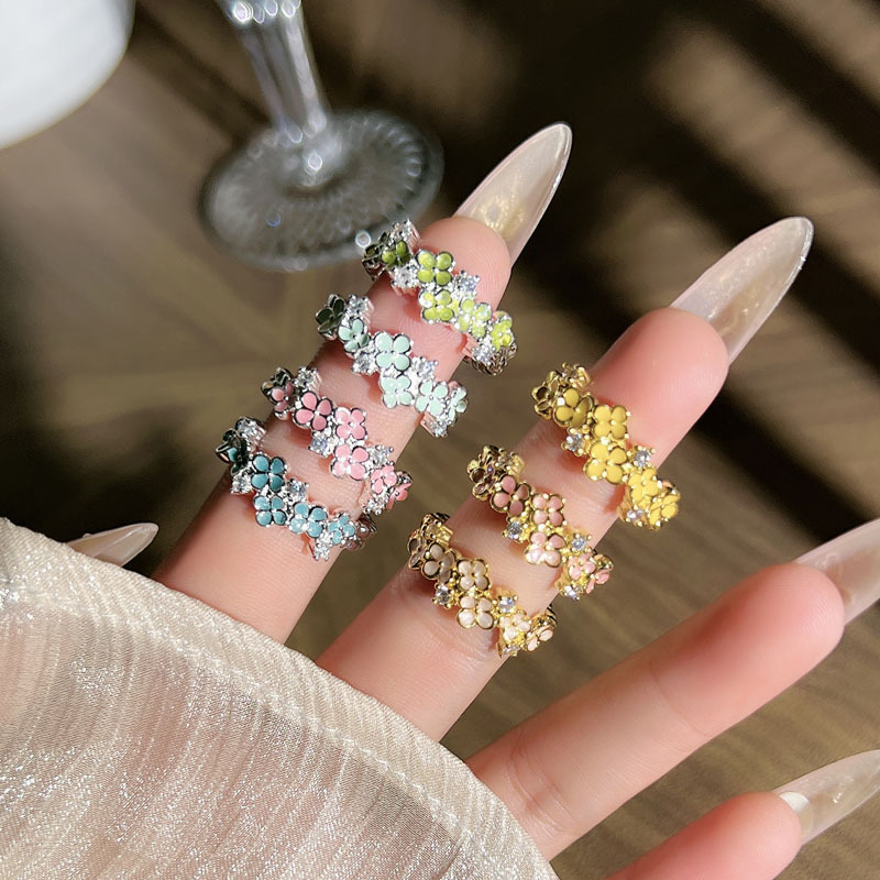 Dopamine retro style flower enamel drop glaze open ring, sweet and cool, light luxury, high-end feel, versatile ring trend details Picture