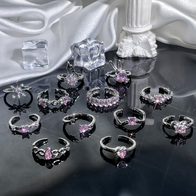 French light luxury sweet and cool pink diamond zircon ring, elegant and delicate layering, girlish personality open ring, autumn and winter accessory details Picture