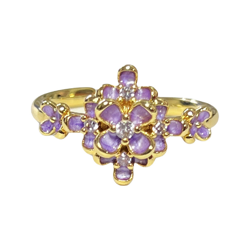 A delicate and elegant oil painting style ring with a touch of ethereal violet iris, a sweet and delicate floral combination ring for women Item Picture
