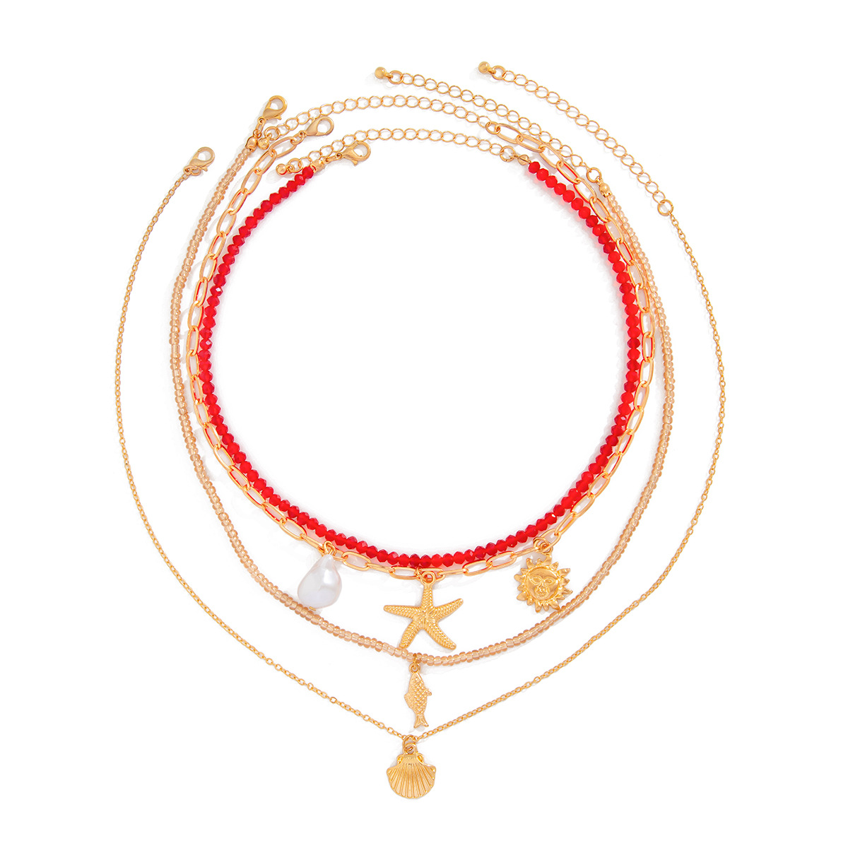 European and American cross-border jewelry, colorful retro Bohemian multi-layer necklace, geometric seafood beaded pendant, collarbone chain Item Picture