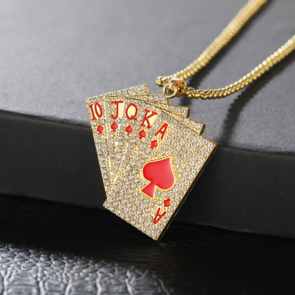 New creative playing card titanium steel necklace, trendy hip-hop men's fan-shaped playing card full diamond pendant sweater chain wholesale details Picture