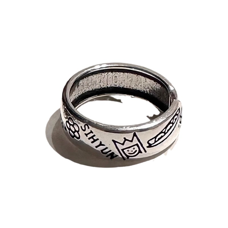 Cool graffiti letter flower ring for women, new fashionable and trendy style, retro aged index finger ring, open ring Item Picture