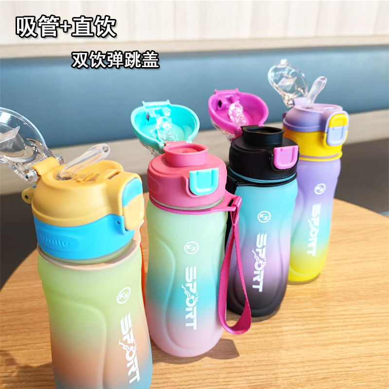 A new cross-border fashion gradient water cup with a one-click pop-up lid for dual drinking, multi-functional portable plastic cup for male and female students outdoors details Picture