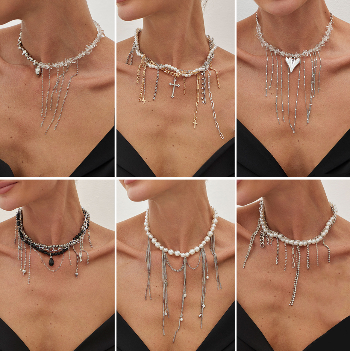 European and American cross-border jewelry ins heart-shaped cross metal pendant necklace design sense pearl beaded tassel necklace full figure