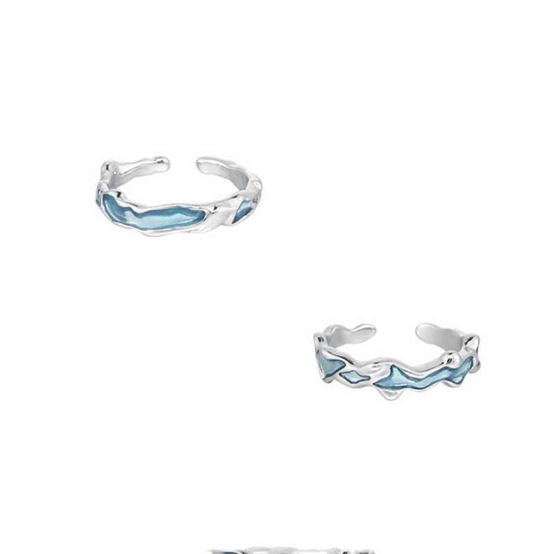 A new irregular pleated blue enamel open ring for women's ins, with a cool and unique stacked ring index finger ring Item Picture