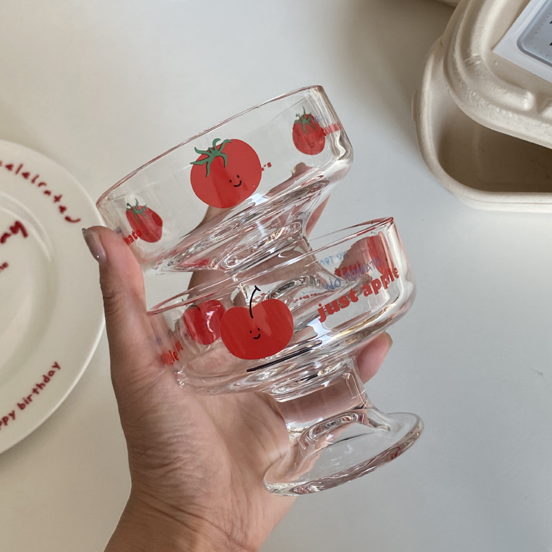 Niche apple tomato high-legged dessert, glass cup, ice cream pudding cup, cute cartoon fruit plate gift Application Scenario