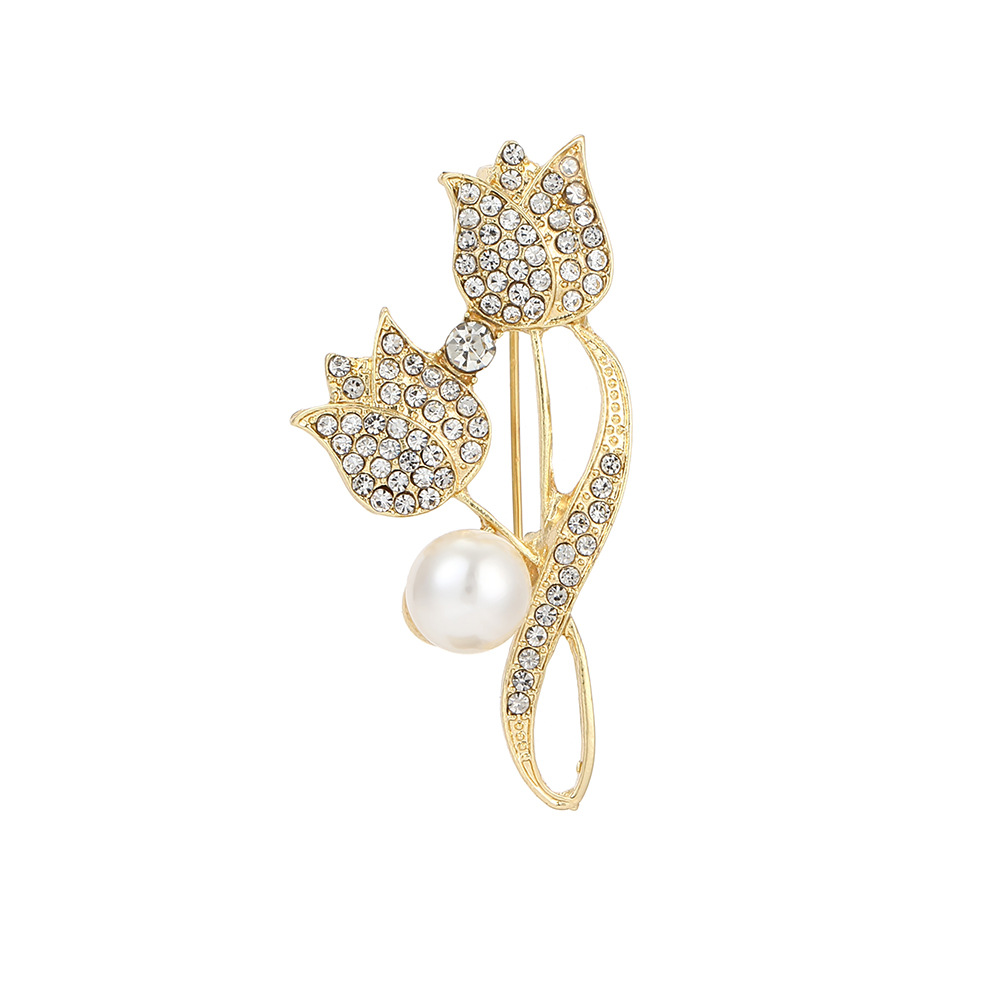 Cross-border European and American diamond-encrusted, elegant tulip pearl brooch, light luxury and high-end style coat, corsage suit, brooch for women Item Picture