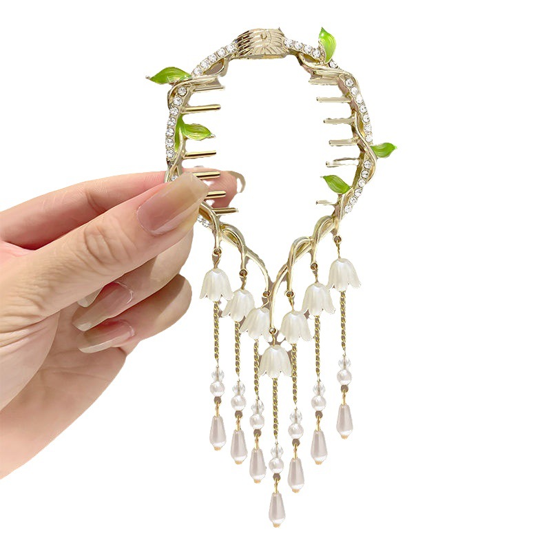 Ancient wind chime orchid tassel hair clip, bun head fixed grab, women's high-end style hair buckle, elegant semi-tied bun hair grab Item Picture