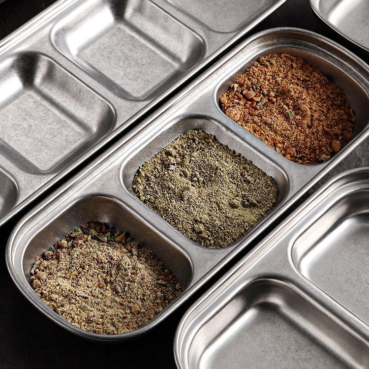 Retro aged 304 stainless steel flavor dish, commercial seasoning dish, two or three compartments Korean dipping sauce dish, barbecue restaurant tableware Specification drawing