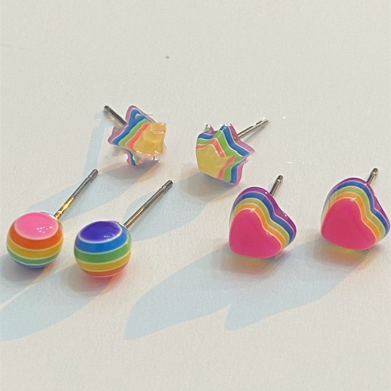 Dopamine Rainbow Candy Heart-shaped Star Stud Earrings for Women, niche design sense, unique personality, New Style 2025 full figure