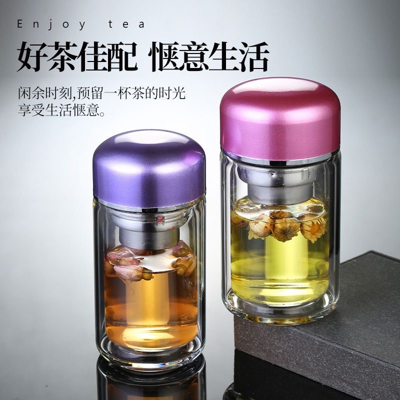 Simple business tea cup, sealed and leak-proof glass water cup with lid, mini office tea and water separation cup with logo printing Specification drawing