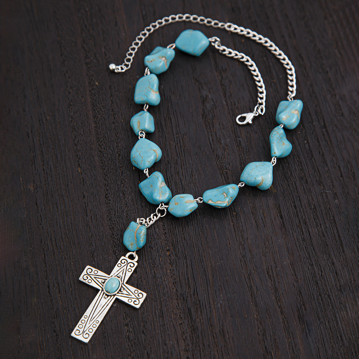 European and American cross-border jewelry, cross turquoise alloy, ins style, high-end and simple necklace, summer new jewelry wholesale details Picture