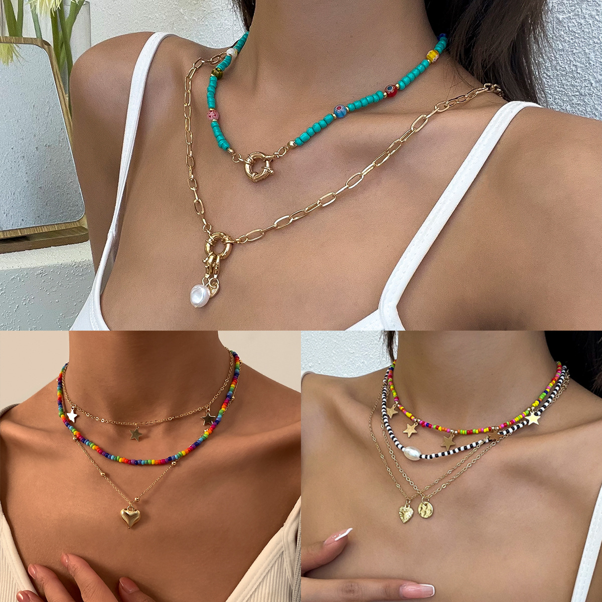 European and American retro color-blocking rice beaded necklace for women, simple Bohemian style hand-woven necklace Specification drawing
