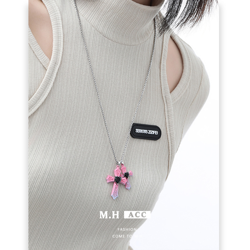 Cross-border pink and blue cross necklace, women's retro hip-hop European and American style pendant, fashionable and versatile long necklace wholesale full figure