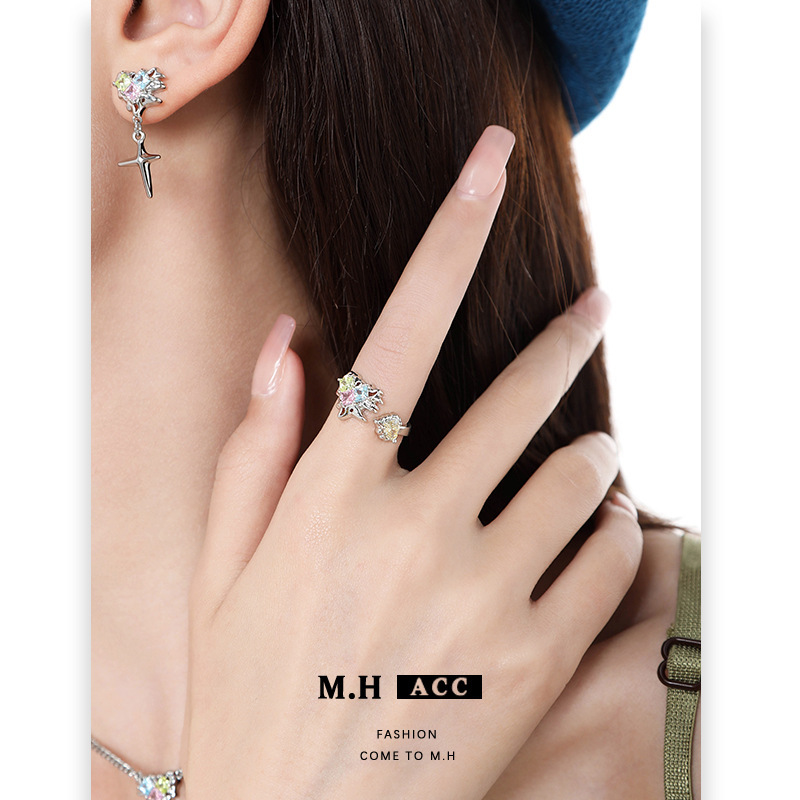 Light luxury color liquid heart-shaped opening ring for women wholesale, fashionable and versatile ring, sweet and cool spice girl adjustable jewelry details Picture